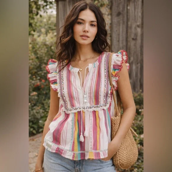 Anthropologie dRA boho embroidered ruffle sleeve striped cotton top Women’s M - Picture 2 of 12